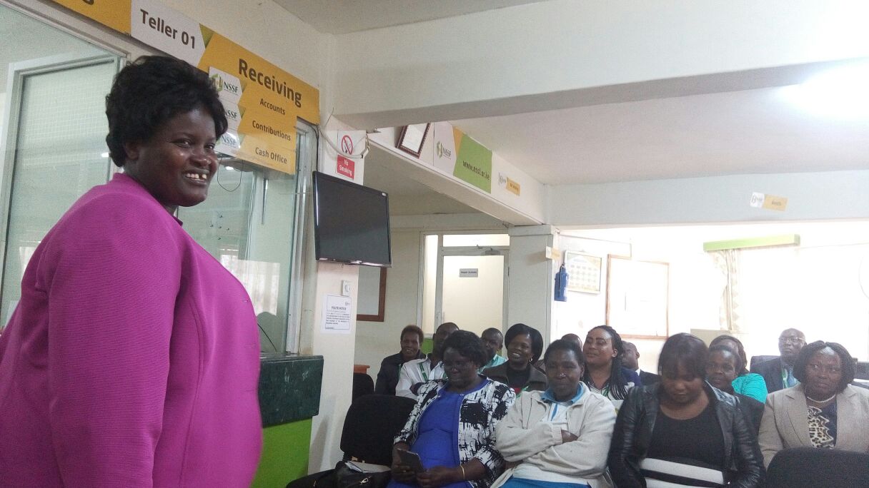 PS Labour Dr. Khadijah Kassachoon speaking to NSSF Kitale Branch Staff