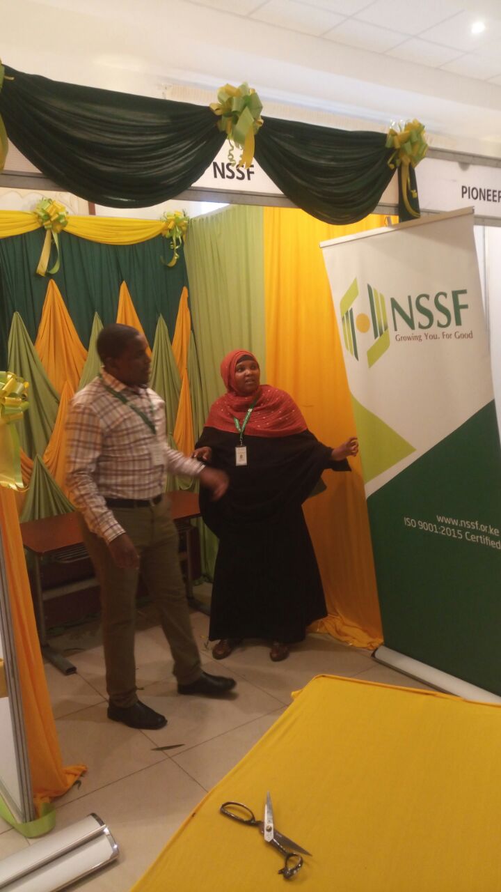 Last touches on the NSSF stand at the Zamara(formerly Alexander Forbes)Annual Retirement Conference 2017 in Mombasa