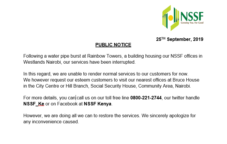 Interruption of Services at NSSF Westlands Office