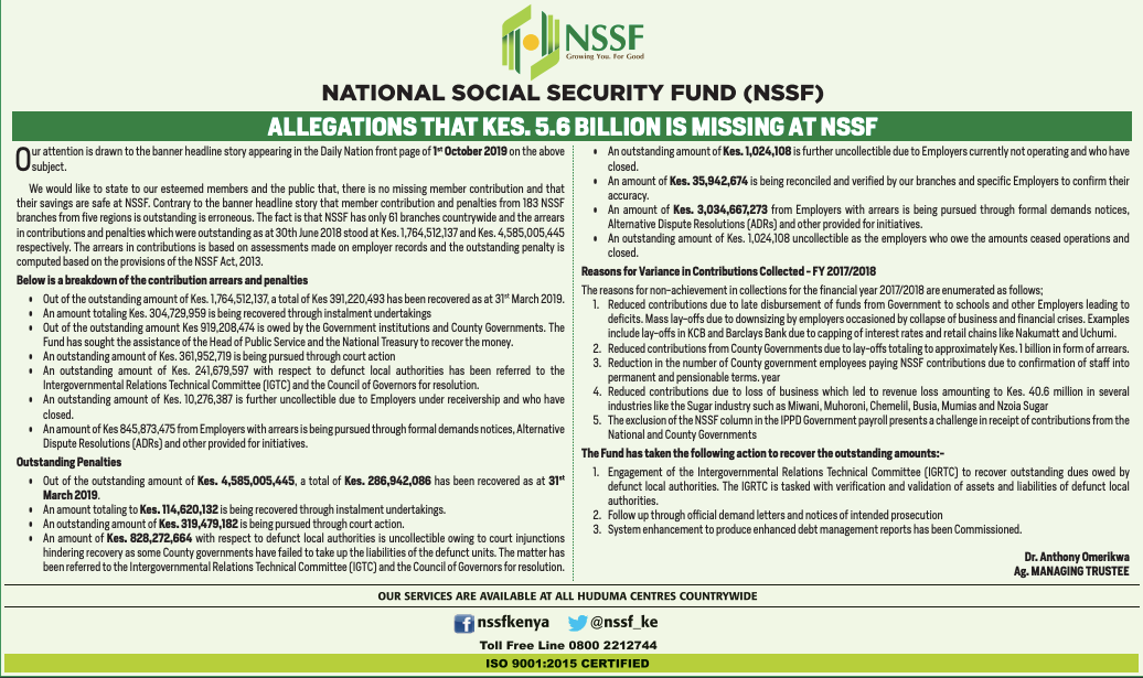 Communication on the allegations that Kes.5.6B is missing at NSSF