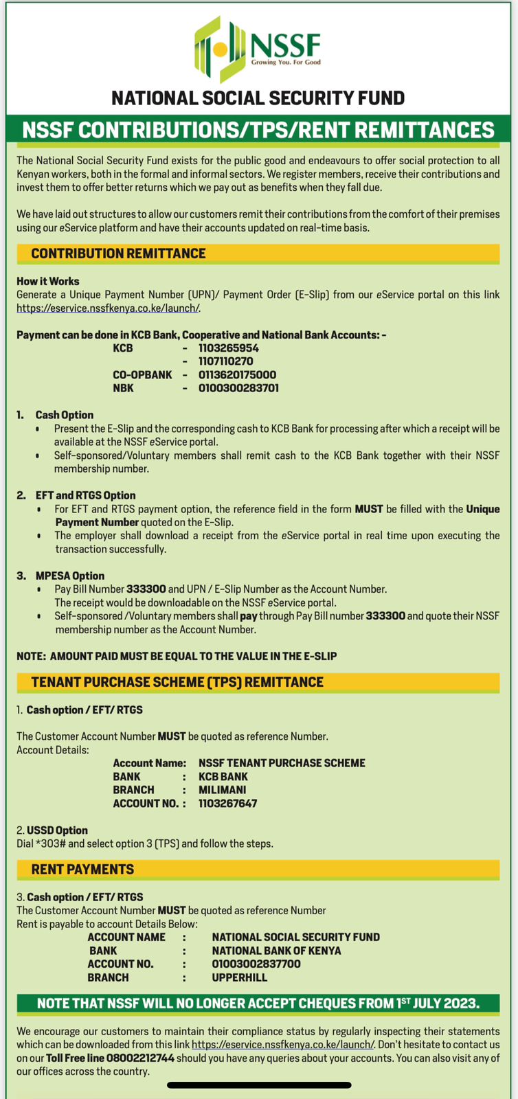 NSSF Contributions/TPS/Rent remittances