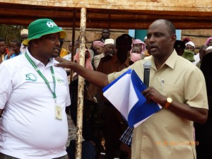 Labour C.S Amb. Ukur Yattani with NSSF Wajir Branch Manager Abdiraham Abdille in Habswein Sub county, Wajir leading the ministries outreach programme aimed at creating awareness on the role of social security